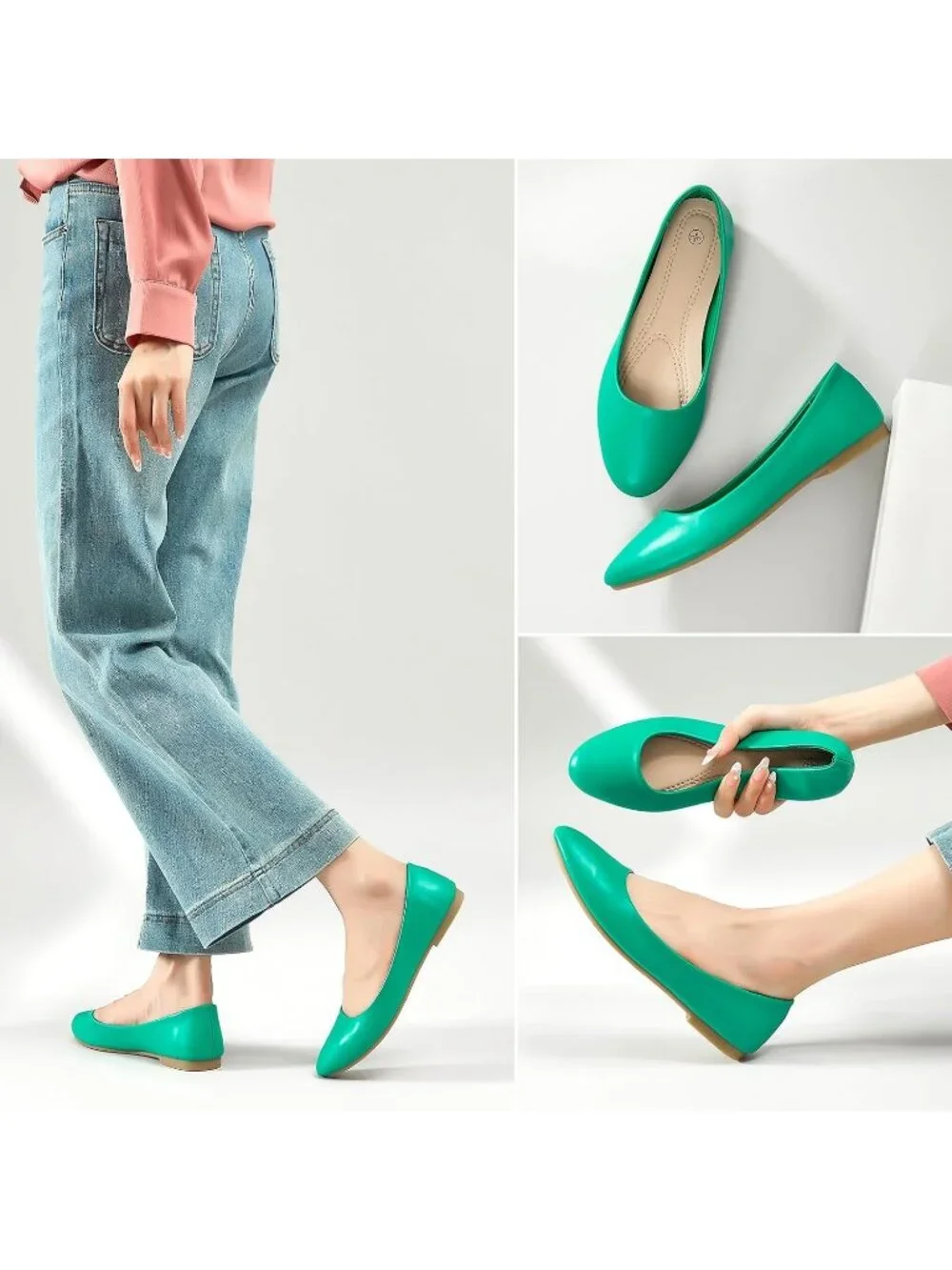 Women's Green PU Leather Closed Toe Comfortable Flexible Slip On Ballet Flats